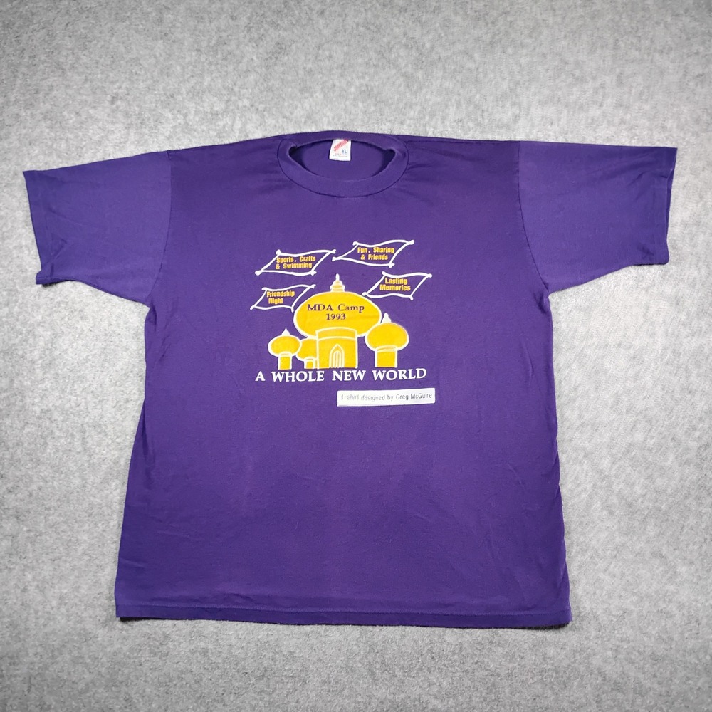 Vintage 1993 Jerzees MDA Camp A Whole New World Purple T-Shirt‎ Mens XL USA Made